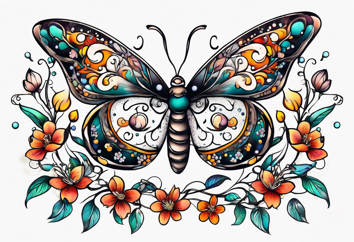 Winding branches and leaves and tiny flowers with a small moth and bubbles tattoo idea