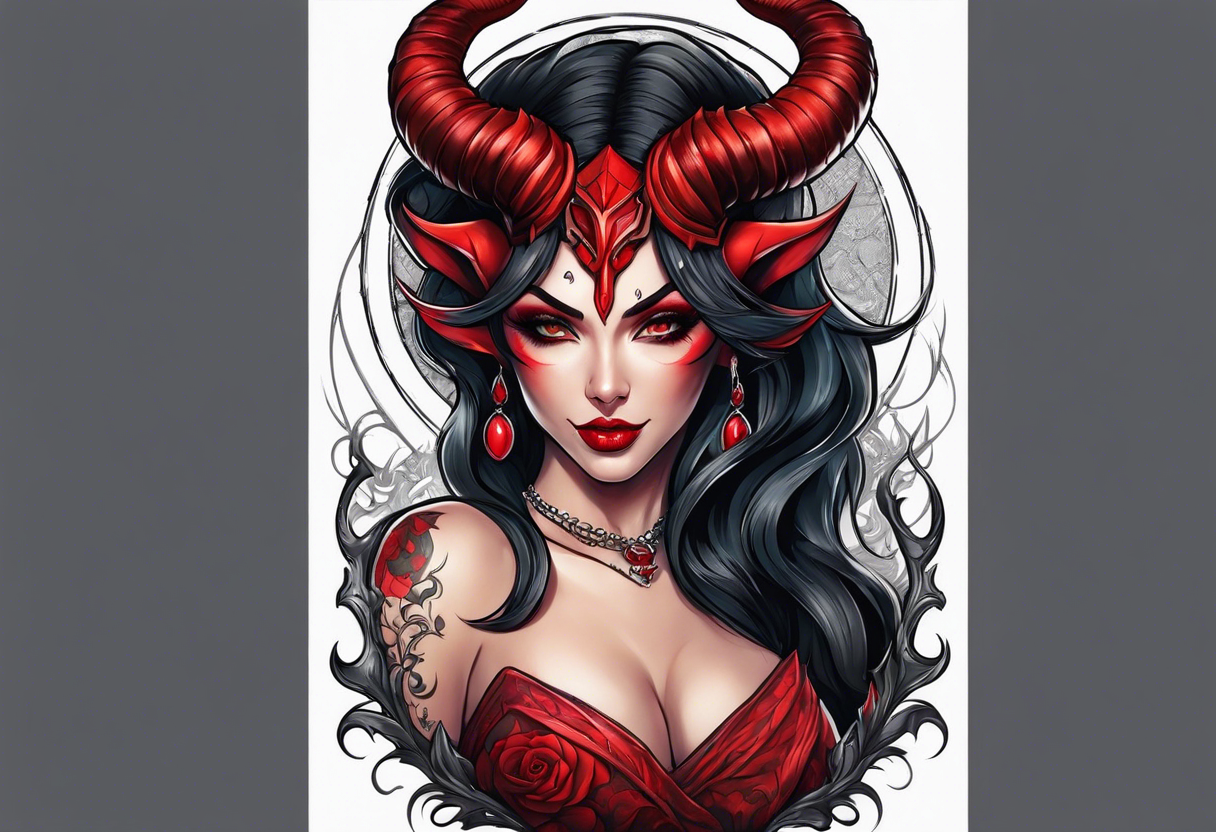 succubus with red horns in a portrait tattoo idea