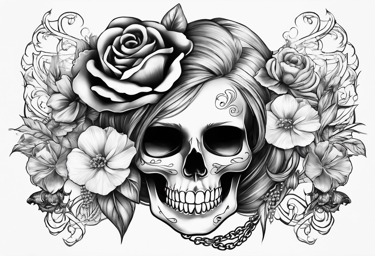 Draw me a Lady like skull with smoke out of his mouth add some flowers underneath with some ornamentals and Chains under it tattoo idea