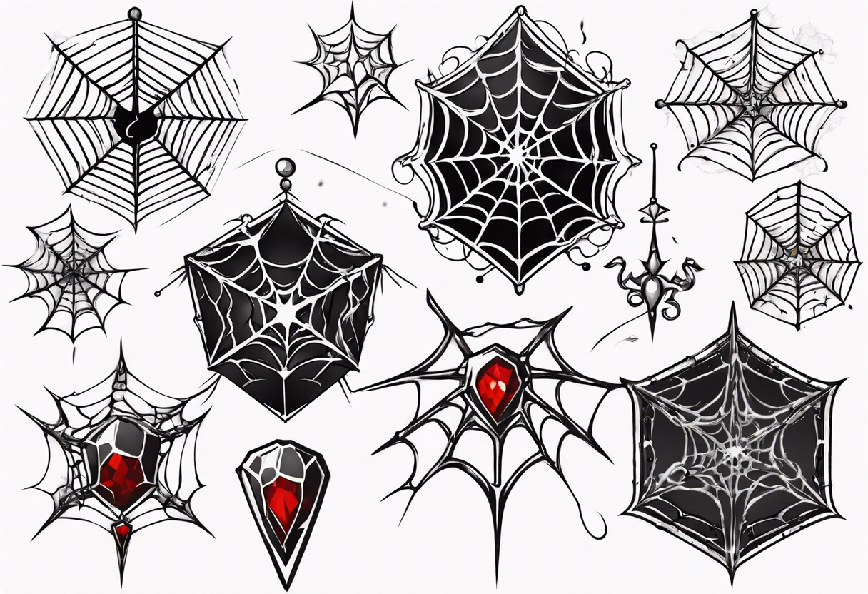 Tangled spiderweb in the shape of a jewel with blood drops and dragon spikes tattoo idea