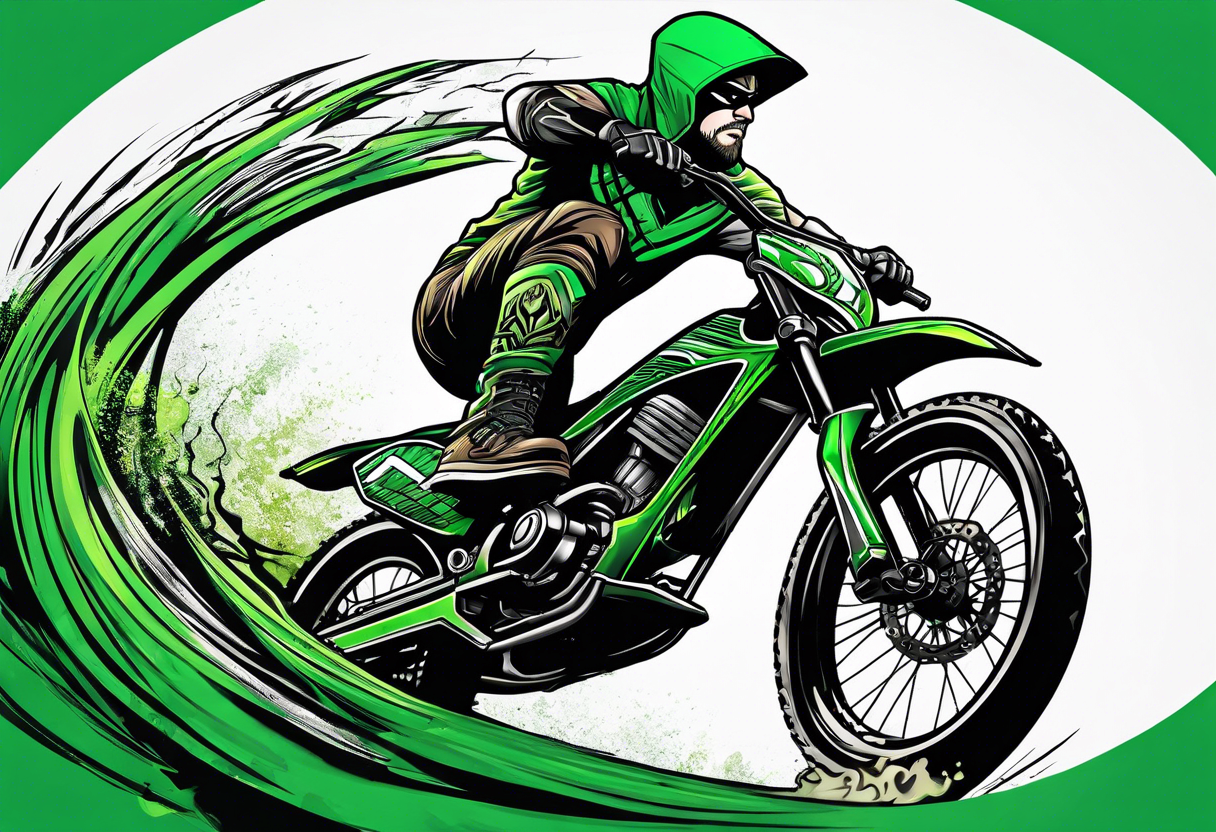 Green arrow character riding a Santa Cruz blur full suspension mountain bike tattoo idea