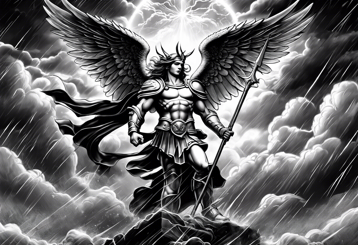 Saint Michael standing on the devil with stormy rain clouds lightning full sleeve tattoo idea