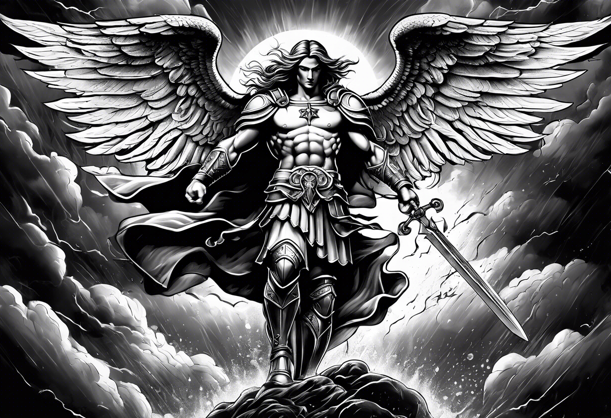 Saint Michael standing on the devil with stormy rain clouds lightning full sleeve tattoo idea