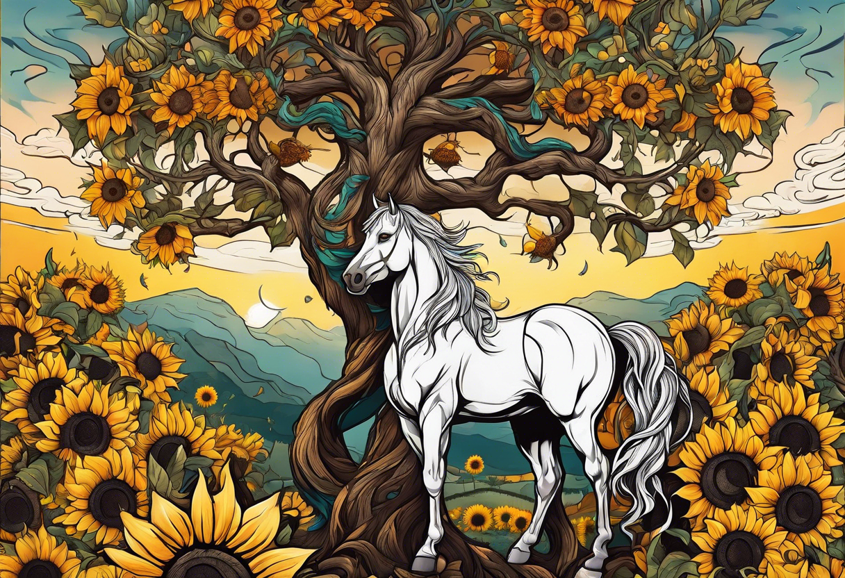 Yggdrasil tree, horse in front of it, and sunflowers tattoo idea