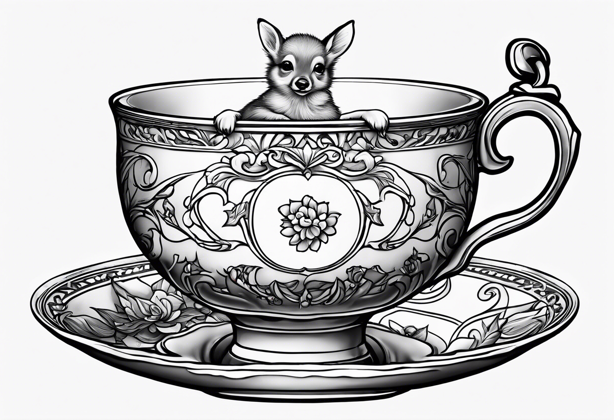 simple line art fawn in a victorian teacup tattoo idea