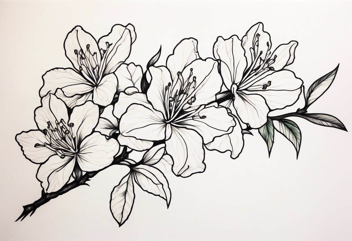 5-petal Azaleas, spread out along a long branch tattoo idea