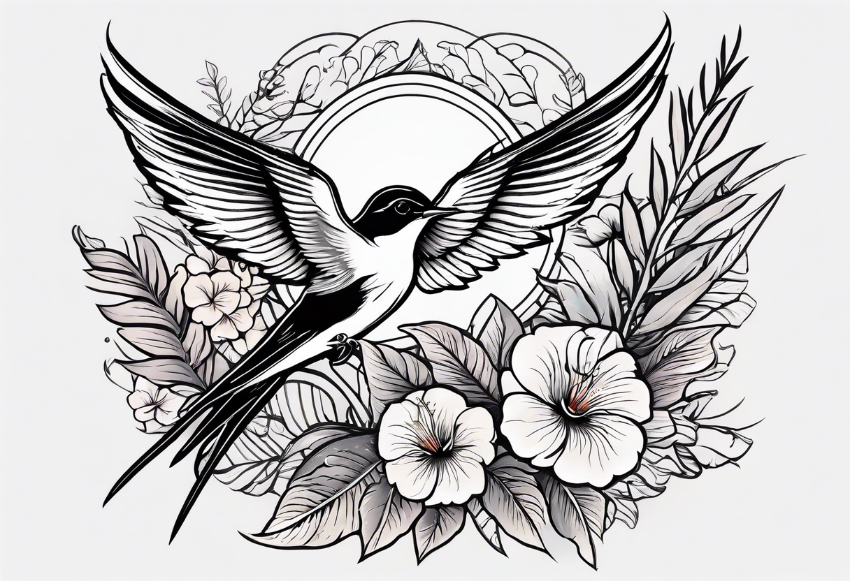 Swallow birds and floral background with ferns tattoo idea