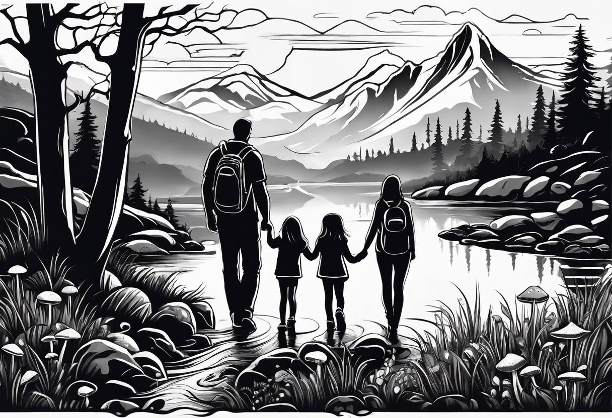 Family silhouette of a father, a mother with long straight blonde hair, grown son, middle daughter, and small daughter foraging mushrooms with mountains and creek in background tattoo idea