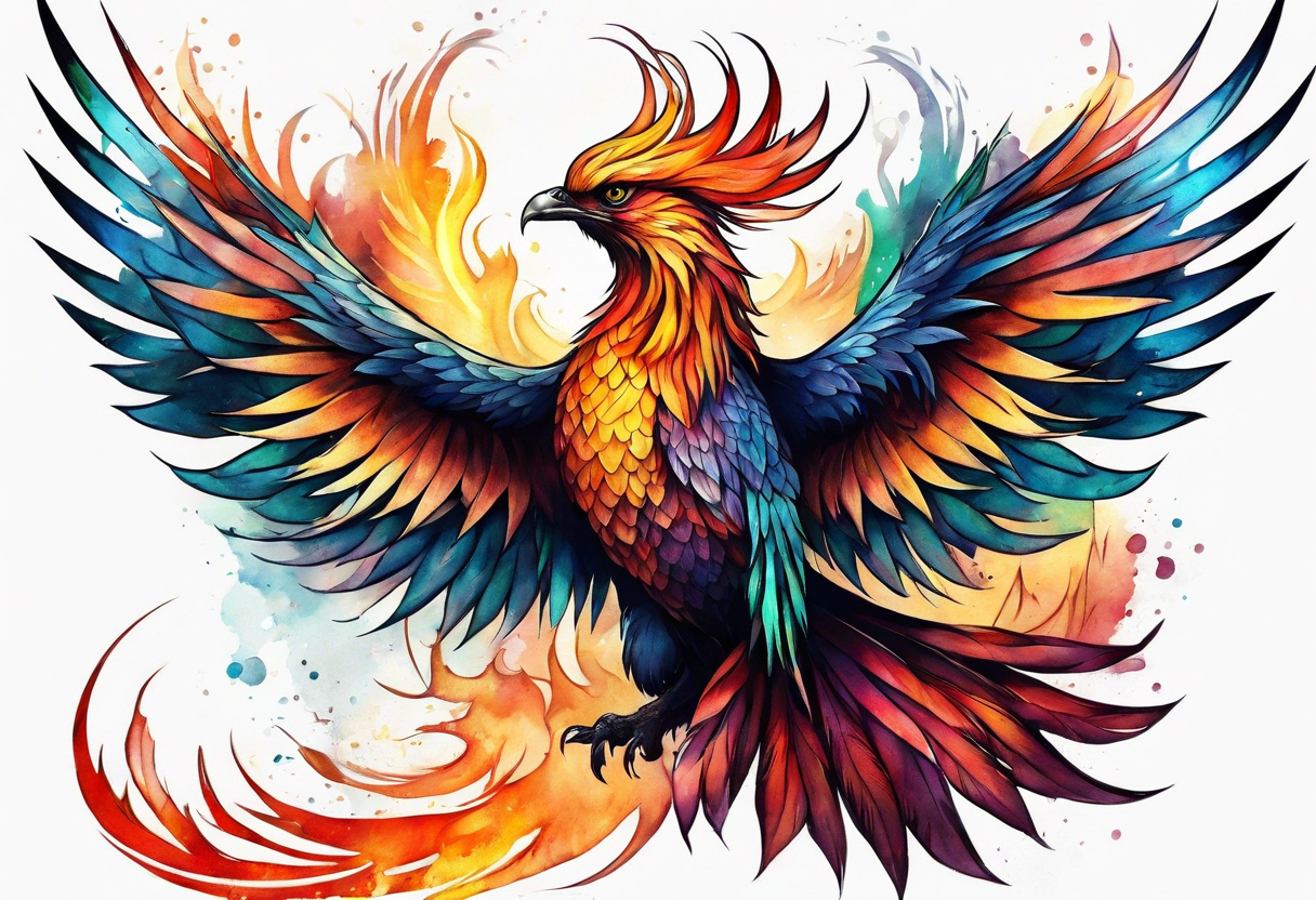 Rising phoenix against dark background, tall length tattoo idea