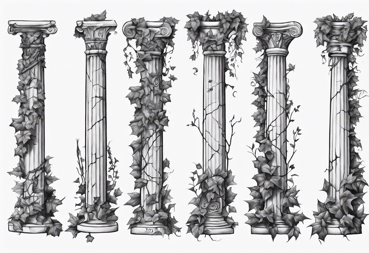 Half of a roman pillar in the Ionian style with the word "OMNIA" inscribed on the top. It has cracks in the middle and overgrown ivy at the bottom. It is turned 20 degrees to the right. tattoo idea