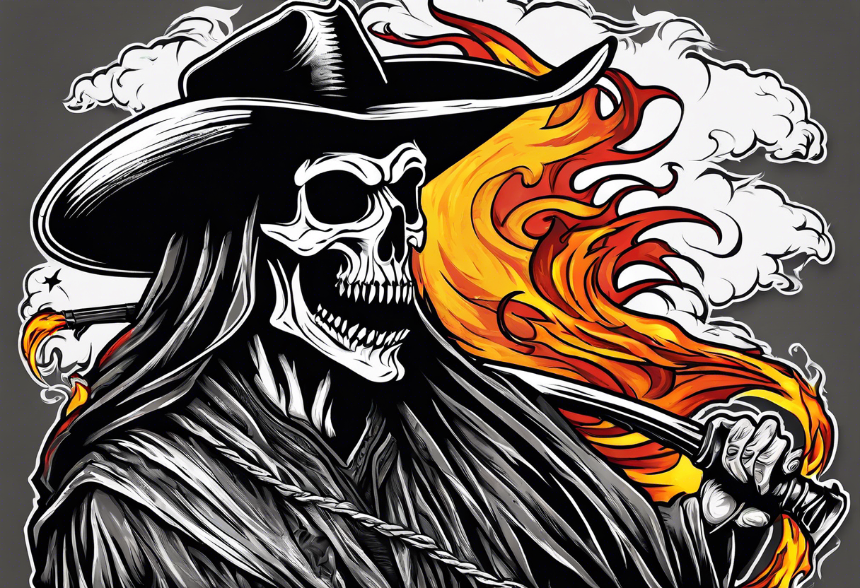 Grim reaper screaming with flames coming out of his eyes and wearing a rustic cowboy hat with a don’t mess with Texas t shirt tattoo idea