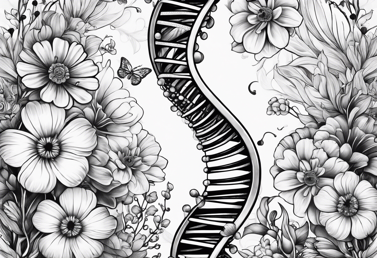 dna strand with psilocybin molecule and flowers tattoo idea