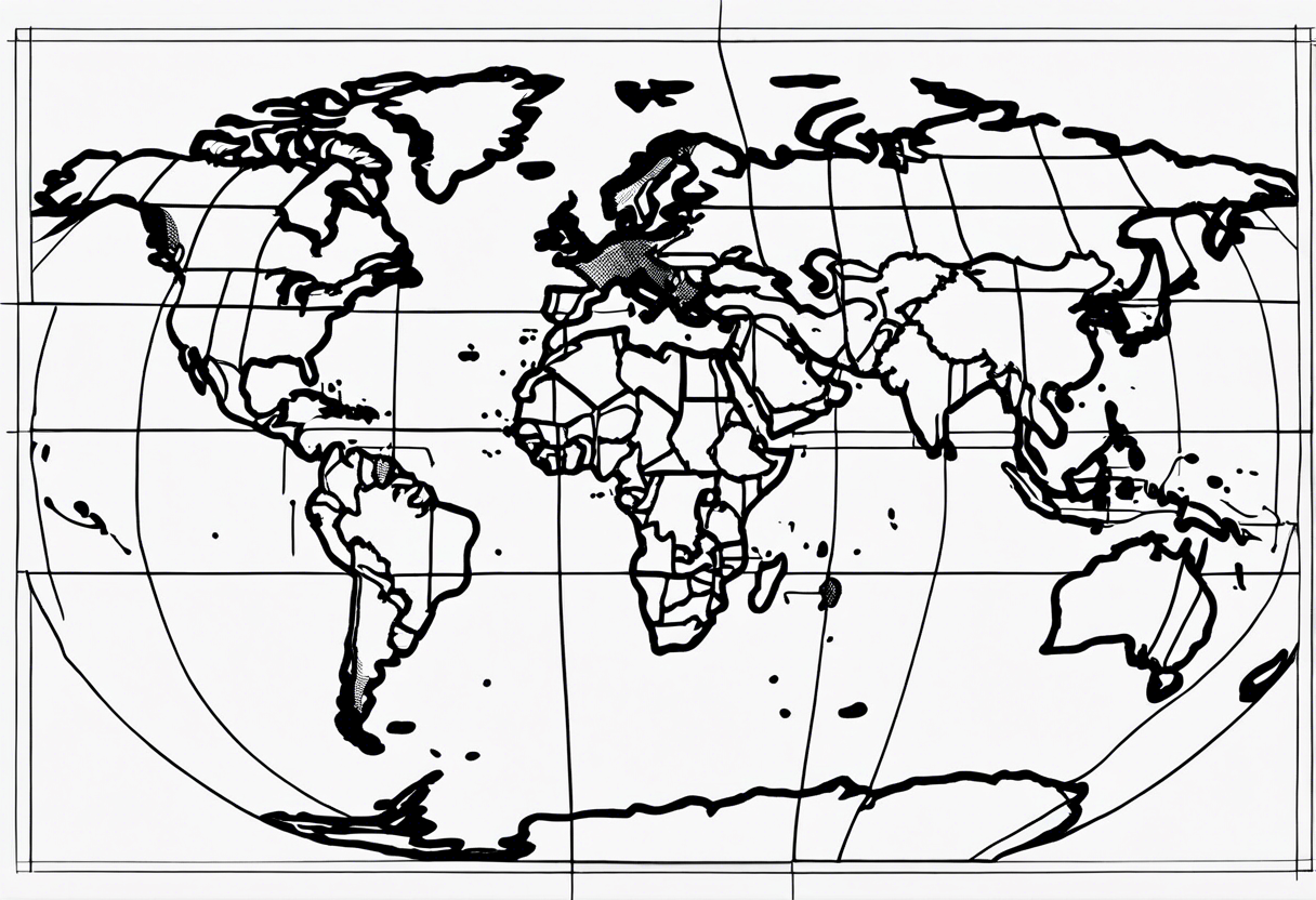 flat map of the earth with lines of a grid not shaded in with no bolding with the countries with accurate borders tattoo idea