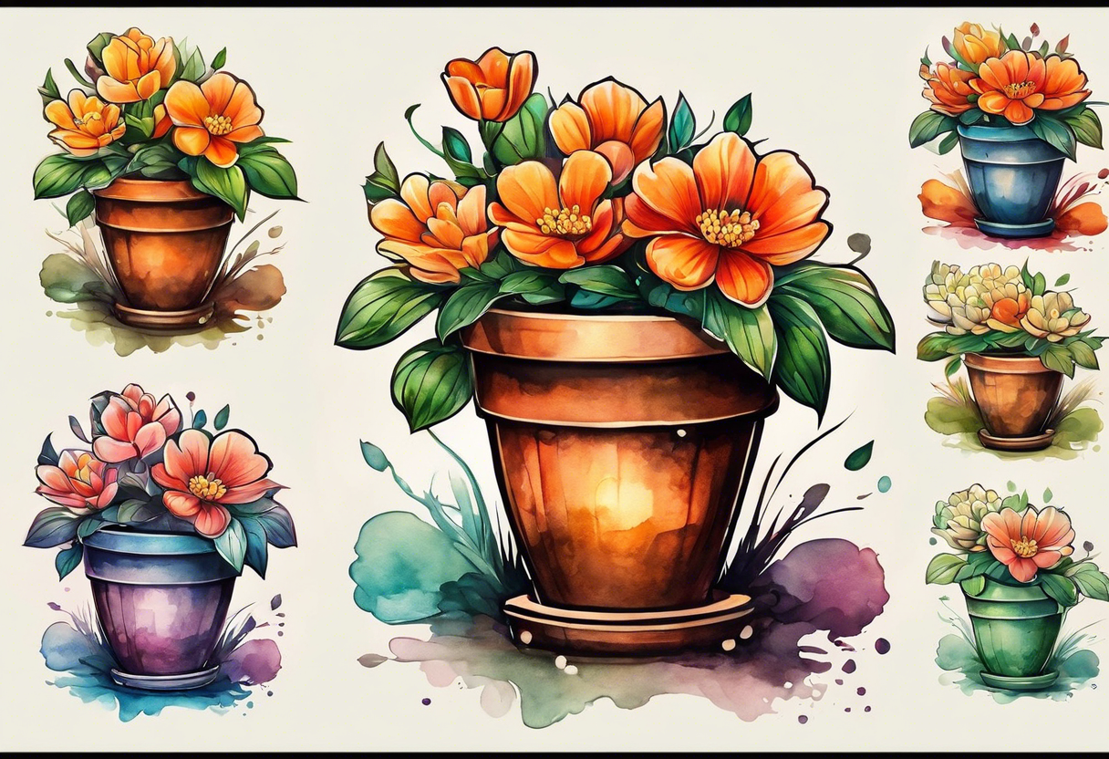 I would like a tattoo of a small-sized flower pot. Coming out of the flower pot should be a small orange flower that has NOT BLOOMED YET. tattoo idea