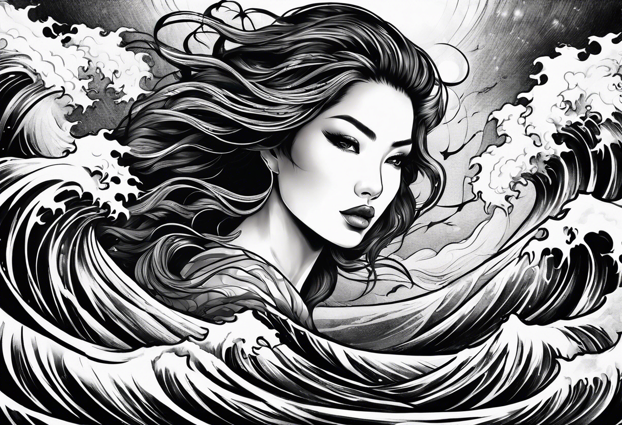 stormy sea waves, full-length woman in the middle of the storm tattoo idea