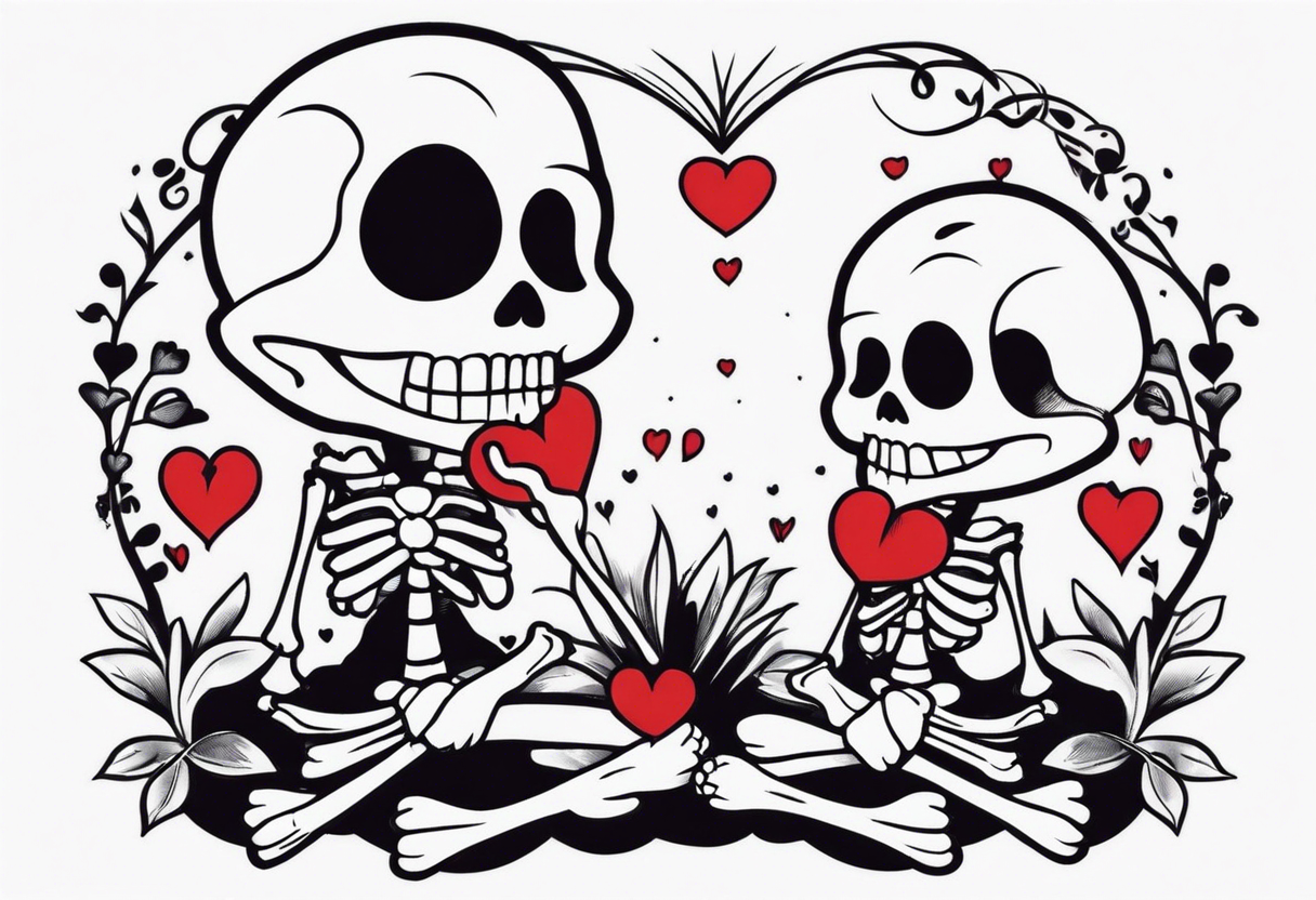 One skeleton with eyes in the shape of hearts, one skeleton sitting tattoo idea