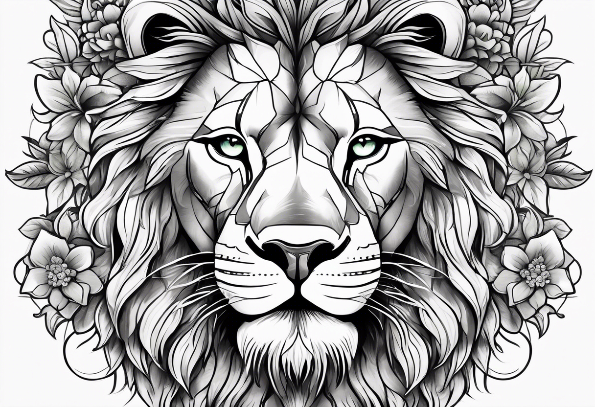 Lion face half delicate half lion one eye blue one eye green a flowers and butterflies on delicate side tattoo idea