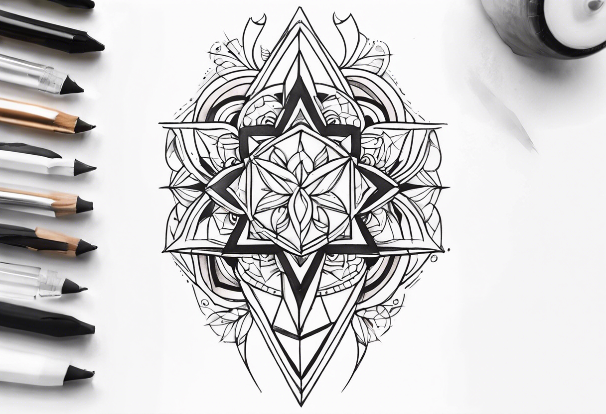 front knee tattoo with geometry, swirls & washes, background washes tattoo idea