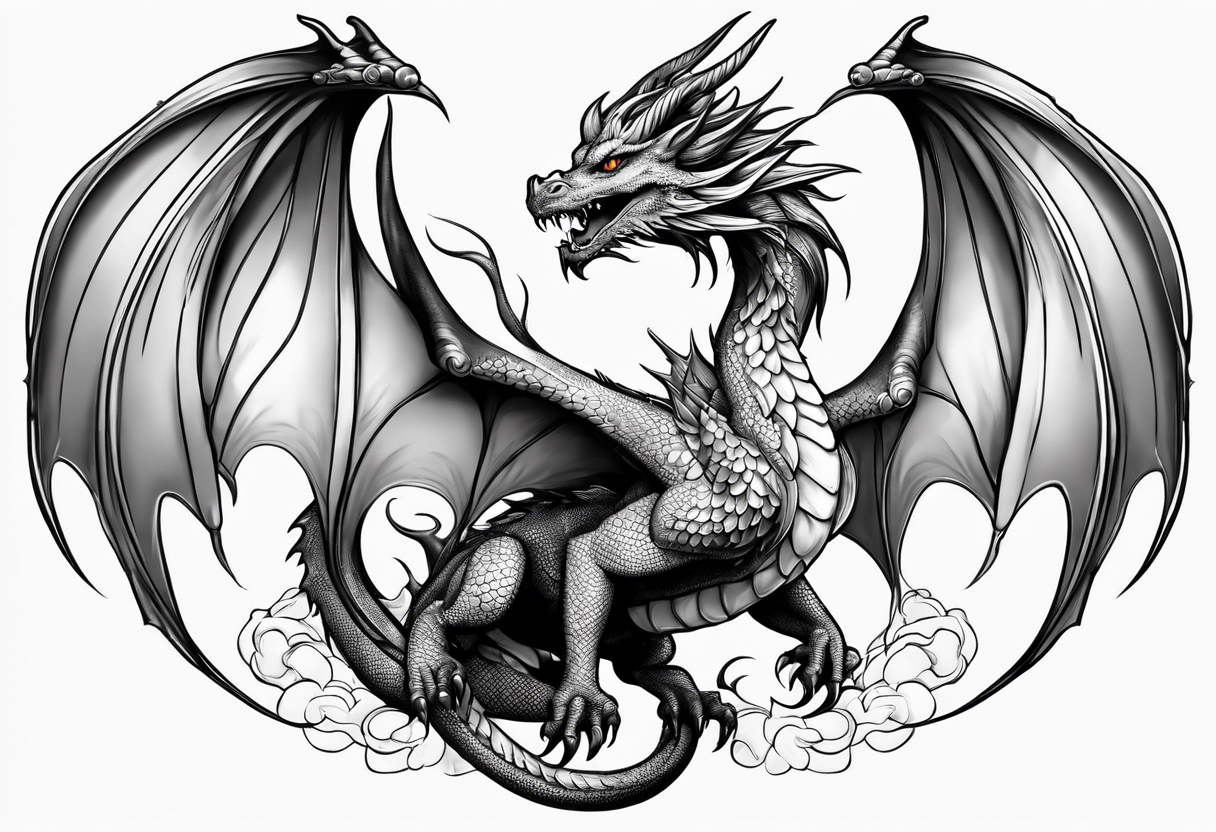 Beautiful female dragon with wings spread mushrooms in wings tattoo idea