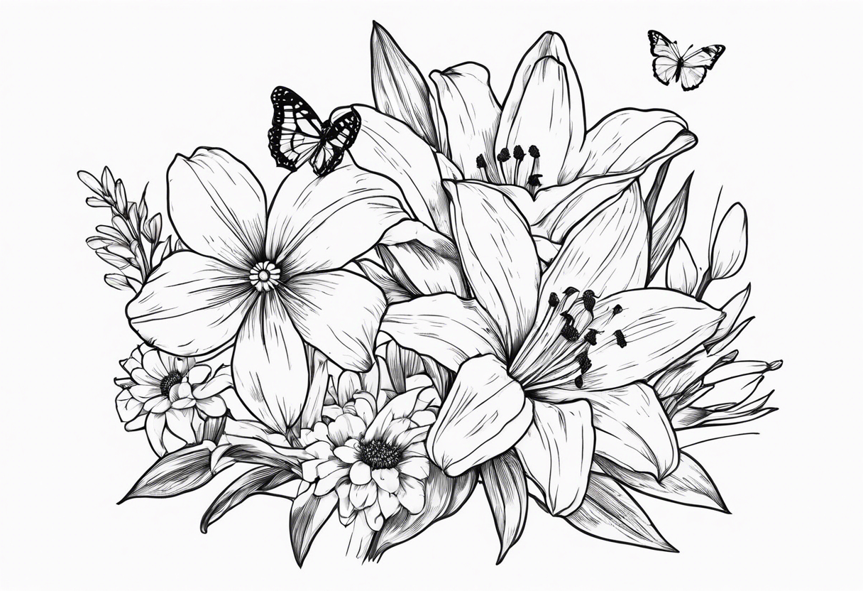 Wild flower of lily daisy and daffodil bouquet with butterfly 6-8 inches bi tattoo idea