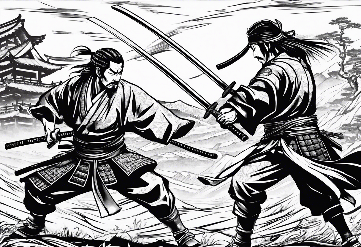 Musashi Miyamoto defeating an enemy samurai in a 1 on 1 duel on a battlefield tattoo idea