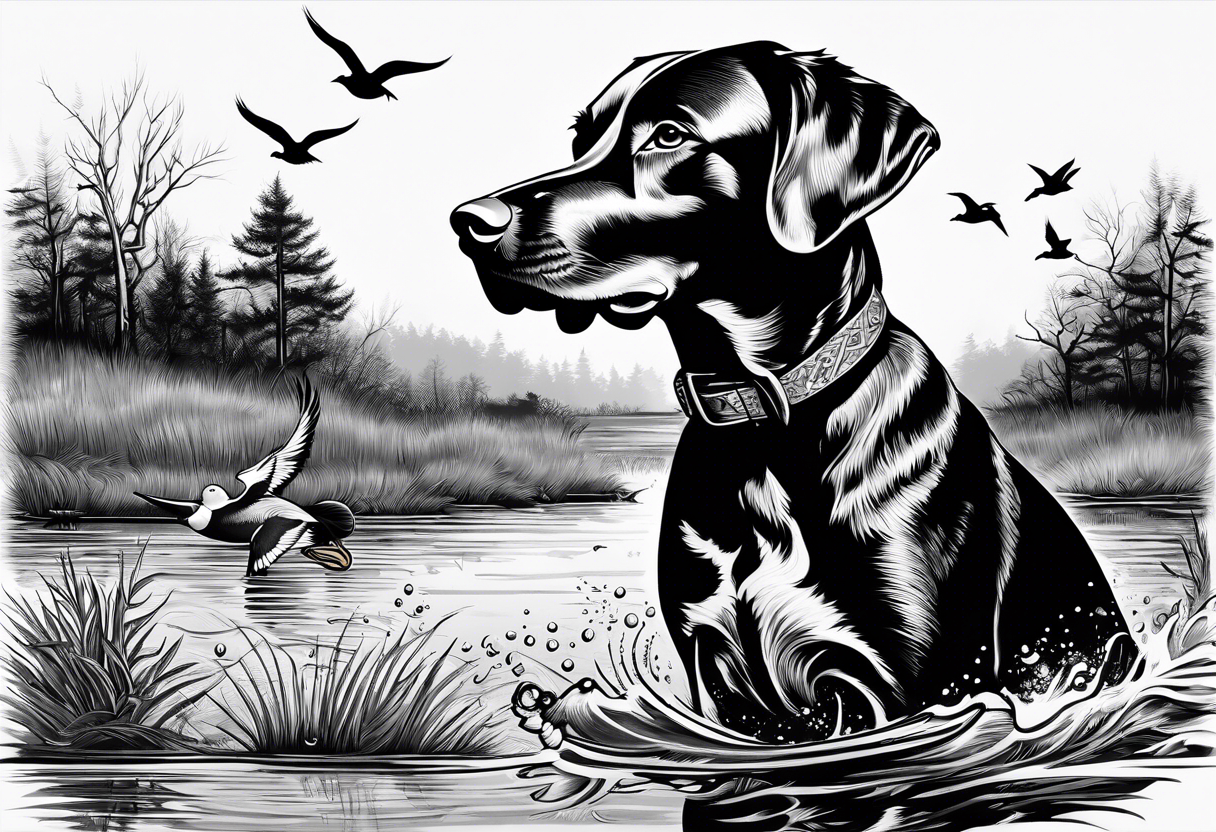 bird dog retrieving duck from marsh in its mouth tattoo idea