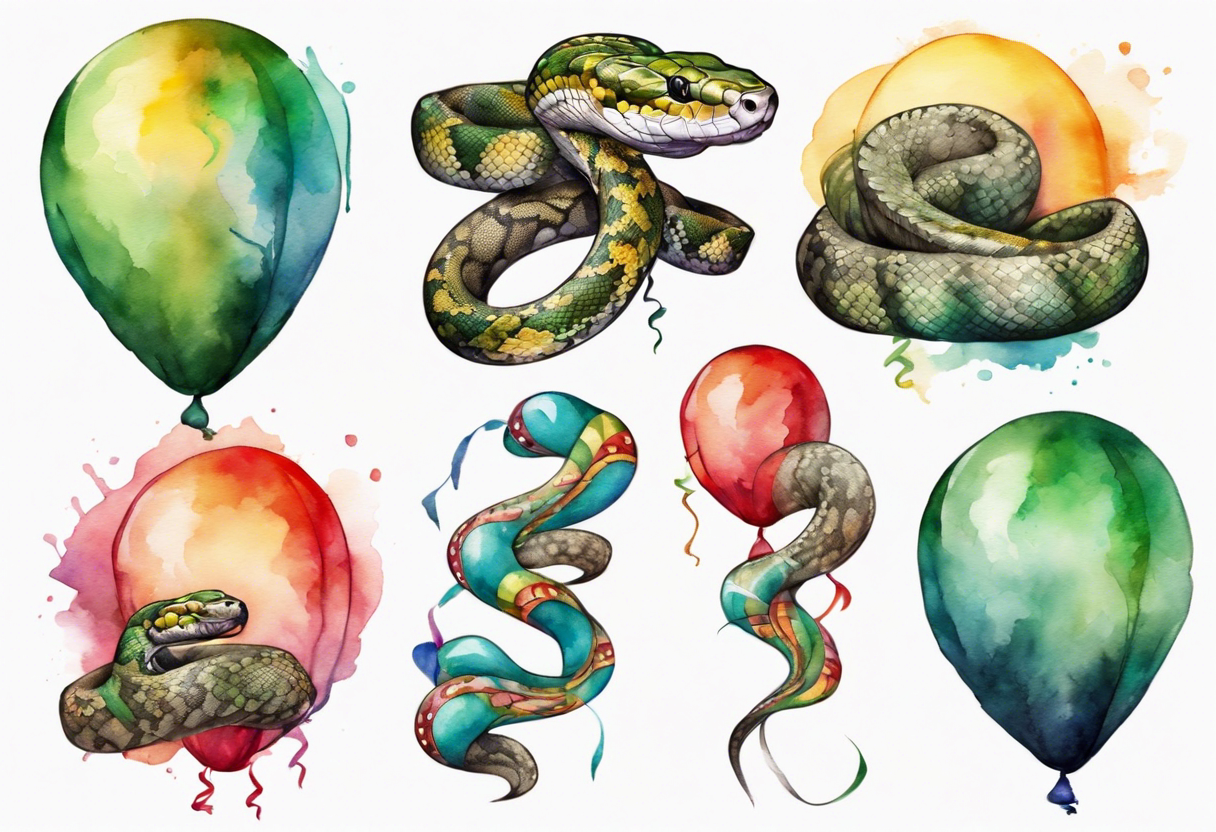 african python with colored ballons aside and te-fiti stone on the other side tattoo idea