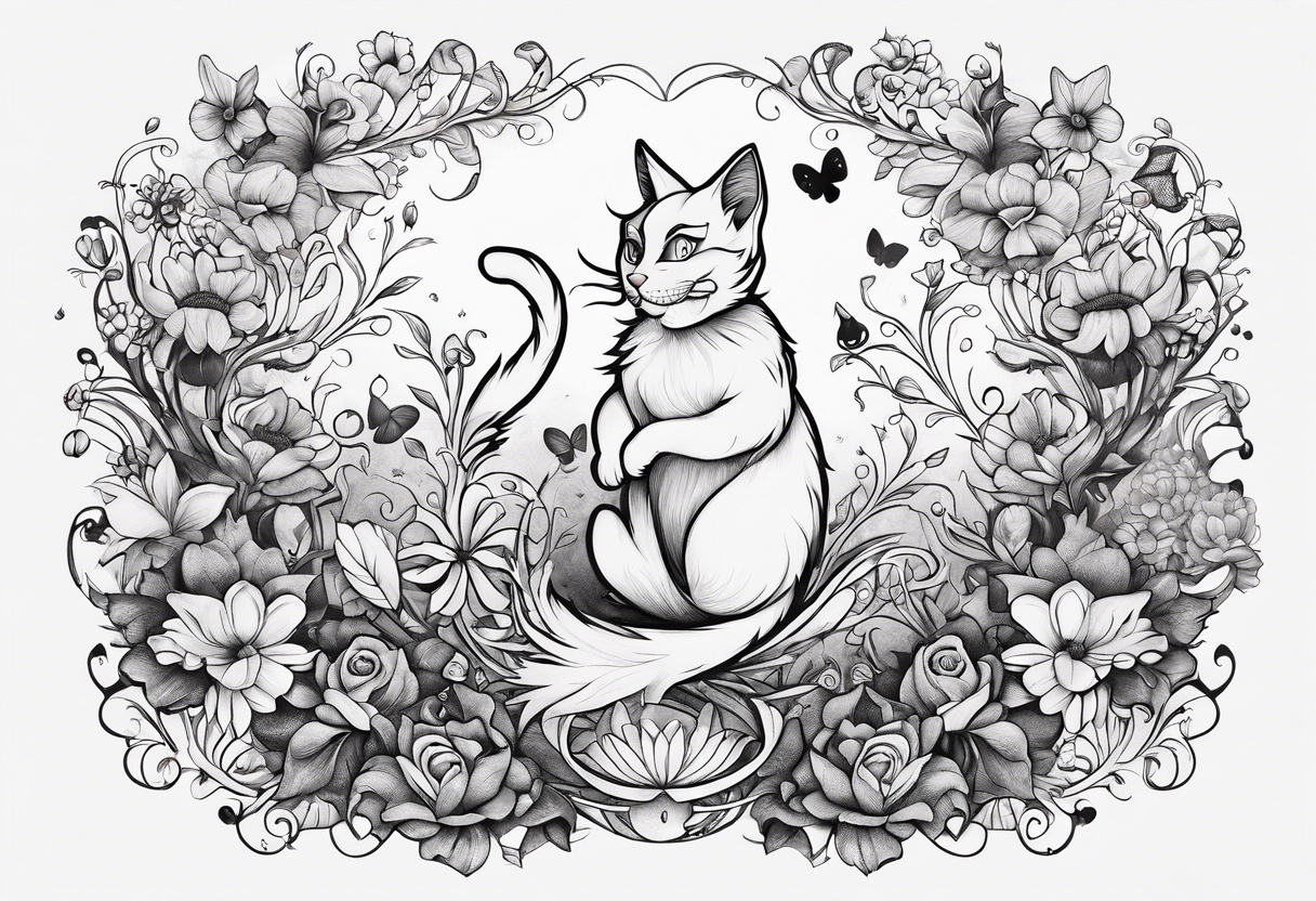 alice in wonderland dancing among magical flowers tim burton style cheshire cat tattoo idea