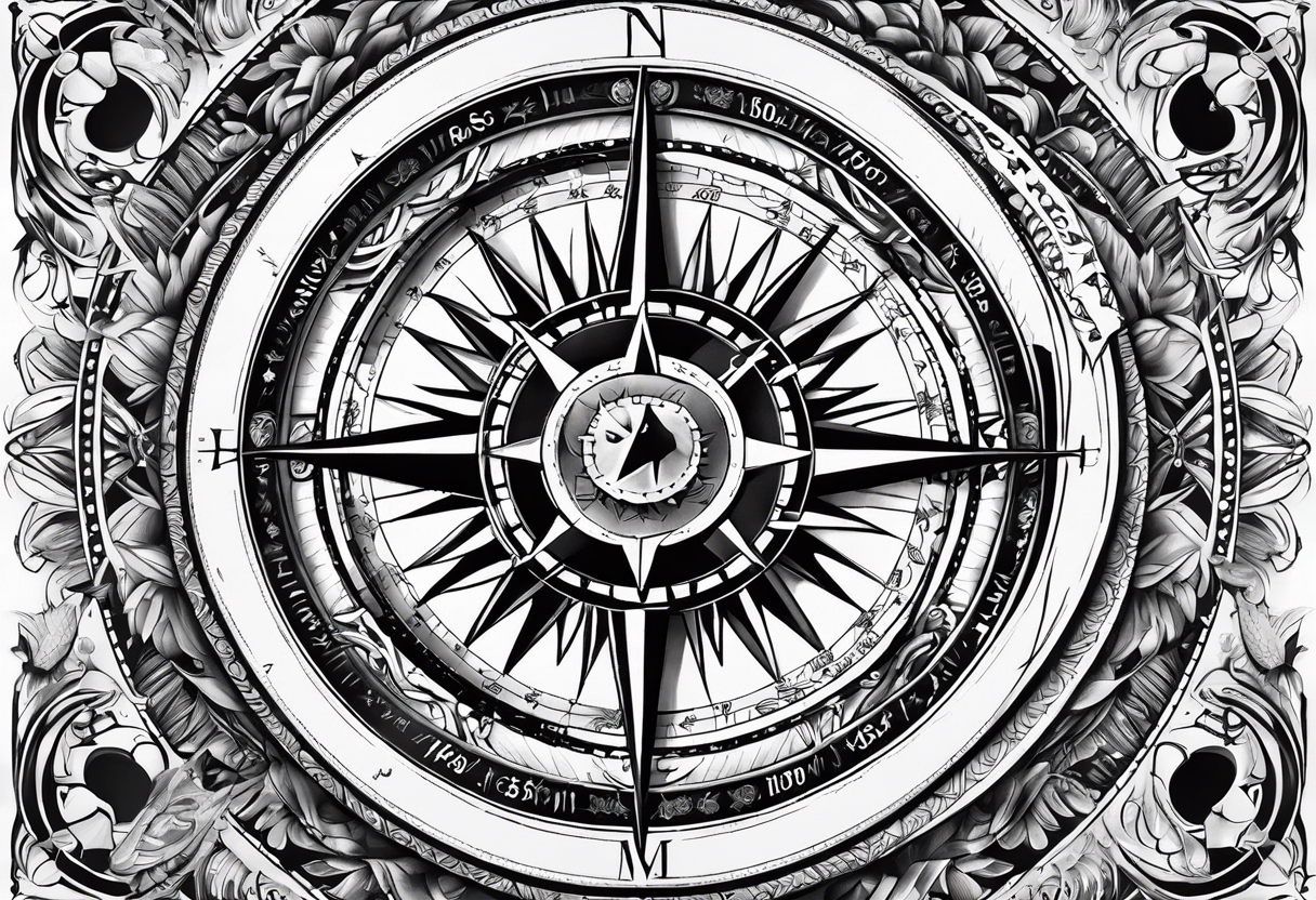 Compass dial with the names Chris Hannah Holly Millie tattoo idea