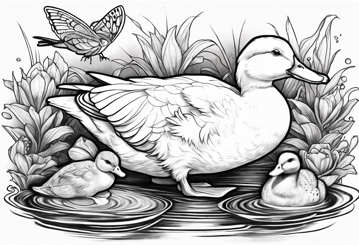 A white Duck a green toad and a moth playing together in a pond tattoo idea