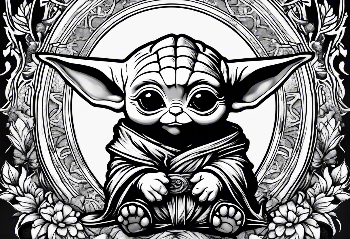 baby yoda sitting on a unicorn tattoo idea