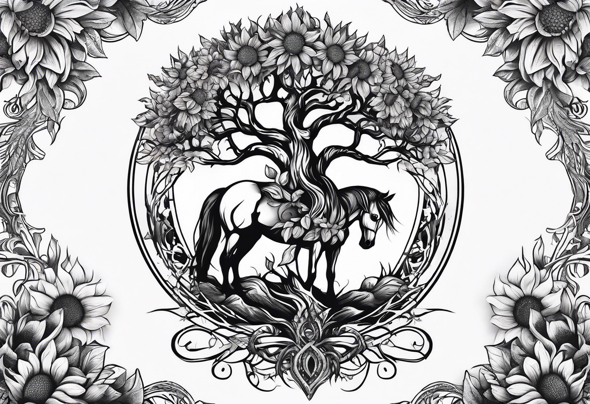 Yggdrasil tree, horse, sunflower tattoo idea