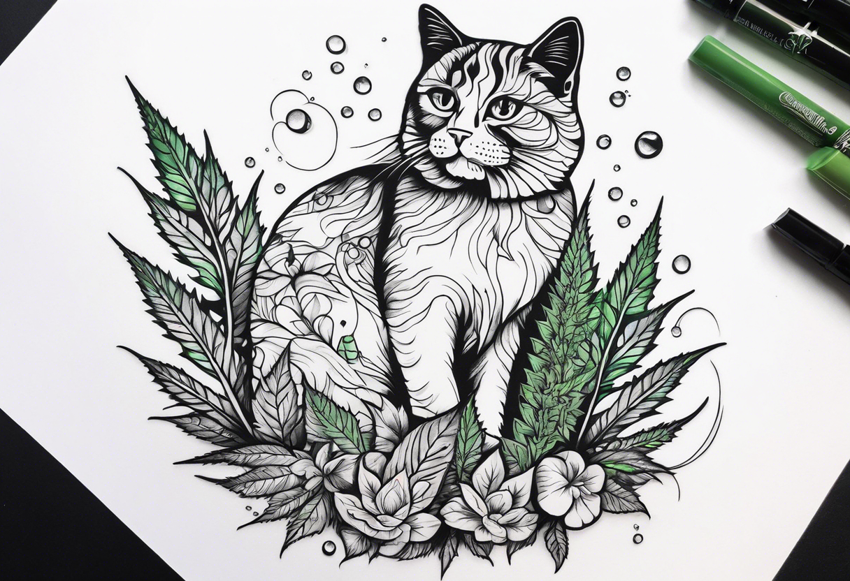 Cannabis plant with mushrooms pothos. A cat. Use negative space to show the sun. A cat, and crystals tattoo idea