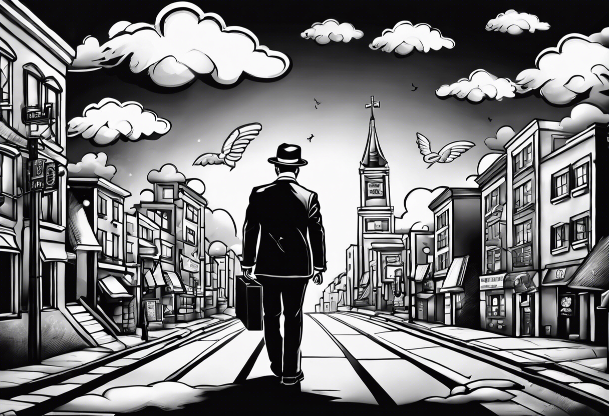 Monopoly man walking down a urban street with scattered xzanax bars and clouds with praying hands used for fillers tattoo idea