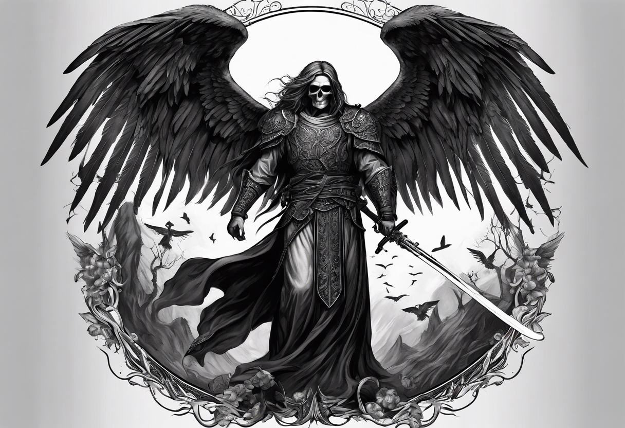 realistic full body of man angel of death, without face, holding sword, skulls on the ground tattoo idea