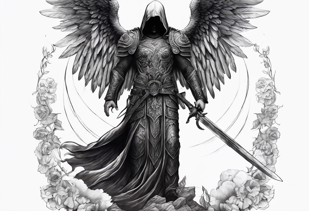 realistic angel of death, man, full body, no face visible, holding one sword, sword vertically pointing downwards tattoo idea