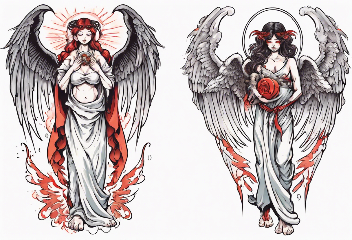 Demon holding an angel around her waist with her halo in his hands. He has angel wings, she has demon wings. tattoo idea