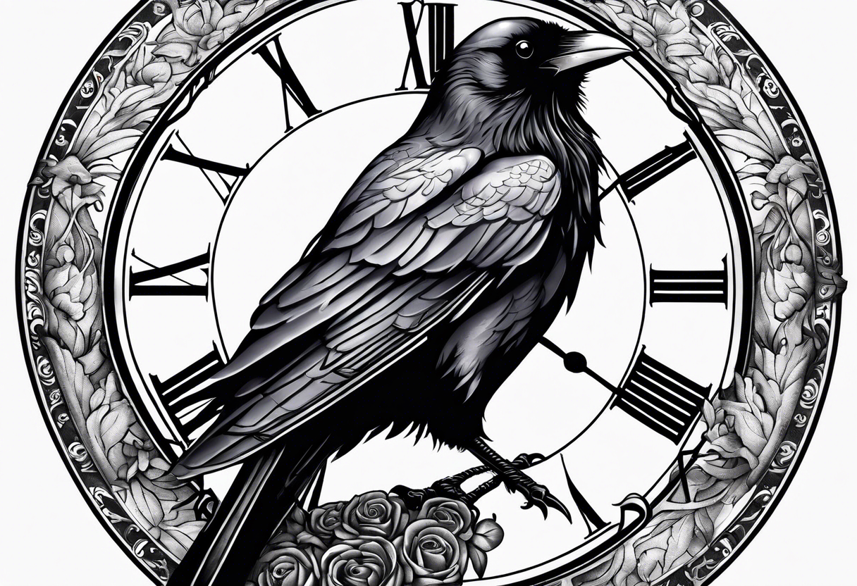 raven perched on clock tattoo idea