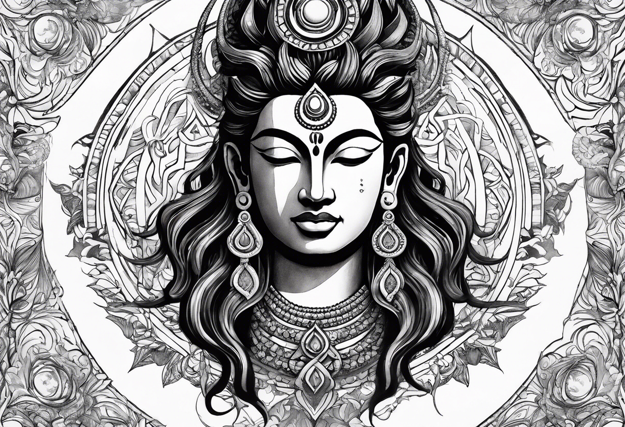 envision Shiva in a dynamic pose, surrounded by symbols representing adventure and karma, with flowing elements to signify your go-with-the-flow attitude. tattoo idea