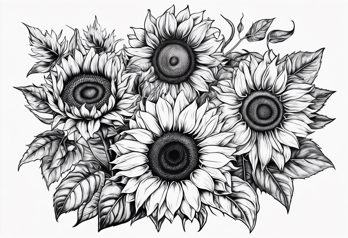 Multiple species of sunflowers outline tattoo idea