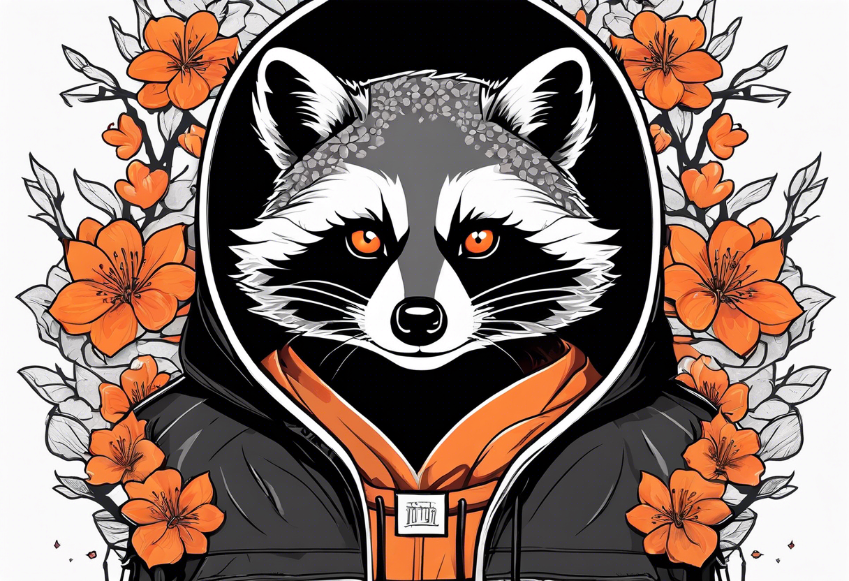 Raccoon wearing a white Superman logo on a black hoodie and orange Japanese cherry blossoms beside tattoo idea