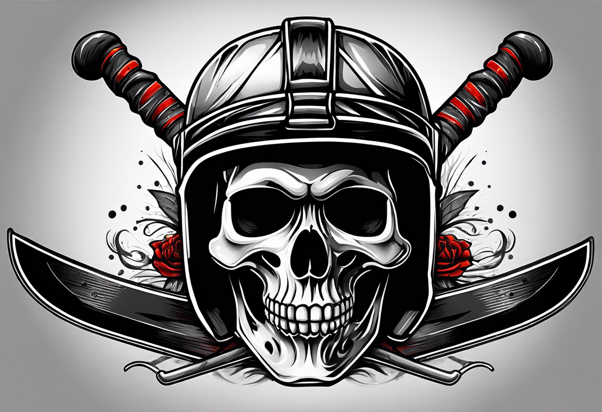 hockey skull with helmet and hockey stick and hockey puck tattoo idea