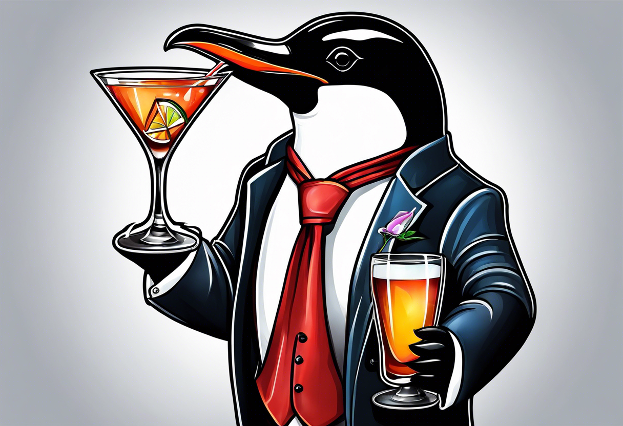 Classy penguin drinking a martini tattoo idea