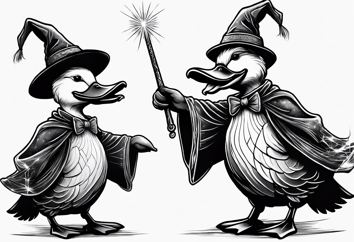 Dabbling Duck dressed like a wizard casting a spell with his wand tattoo idea