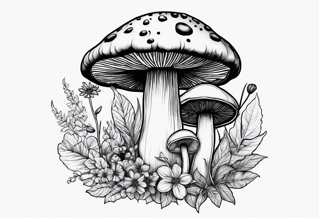 Flowers and mushroom and weeds tattoo idea