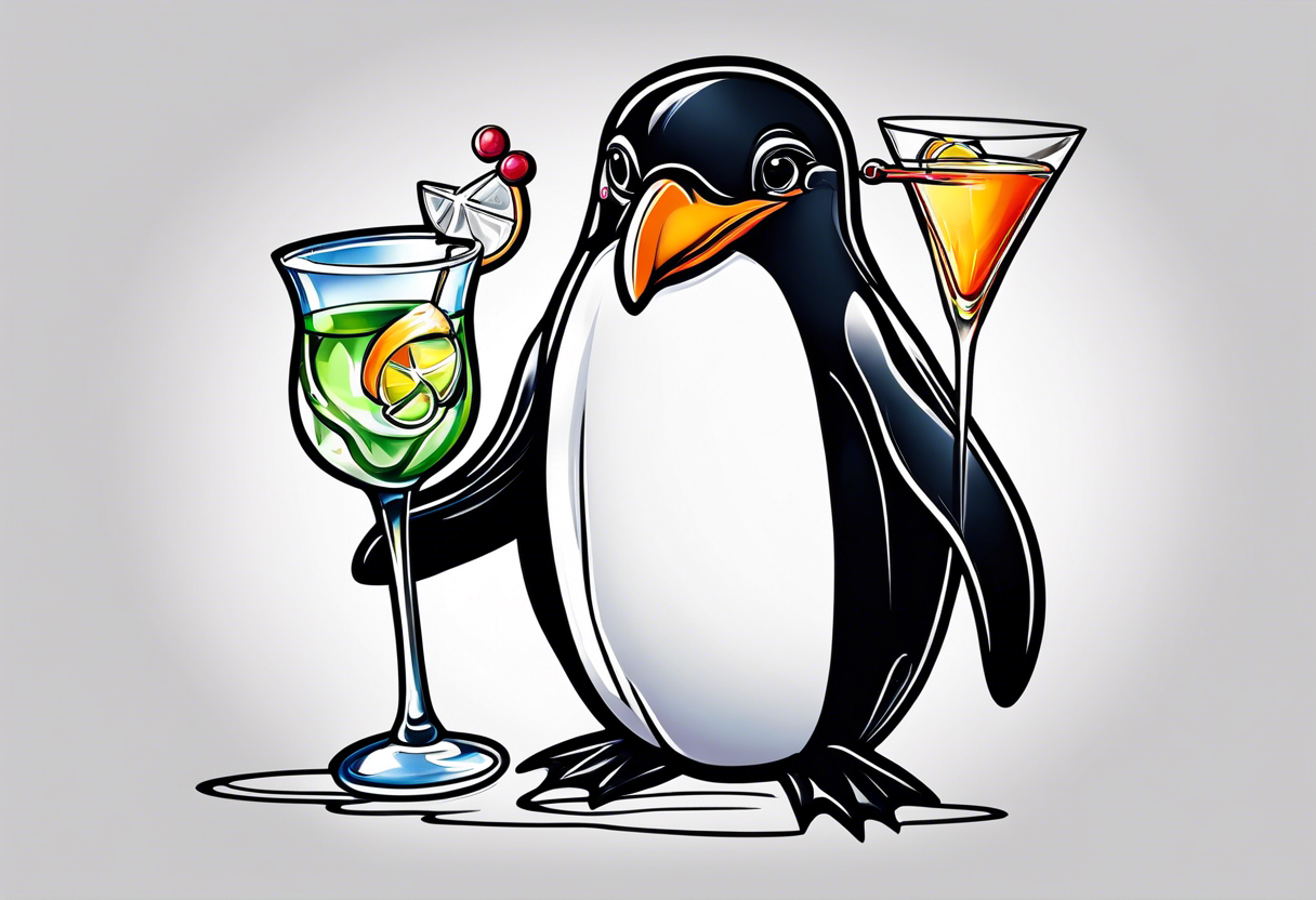 Classy penguin drinking a martini tattoo idea