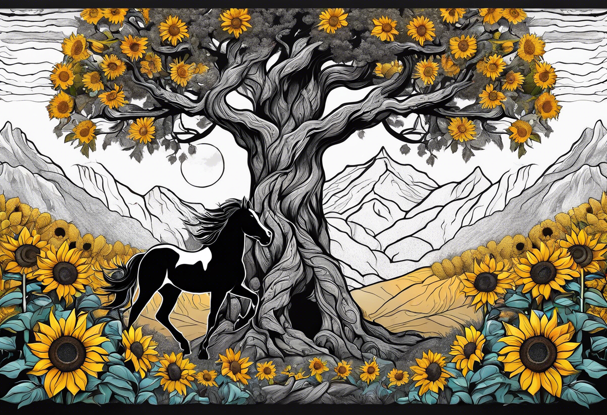 Yggdrasil tree, horse in front of it, and sunflowers tattoo idea