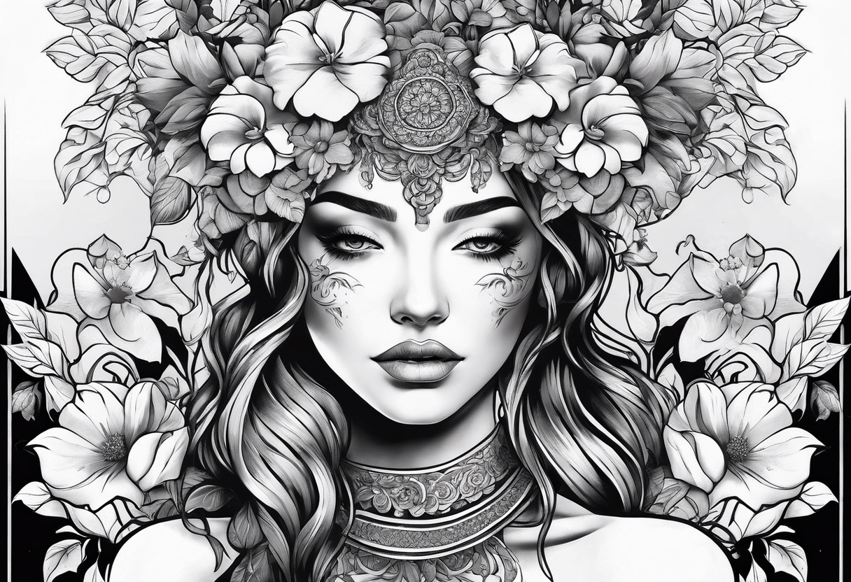 fine line tattoo with woman facing forward flowers covering her eyes and forehead with flowers growing out of her head tattoo idea