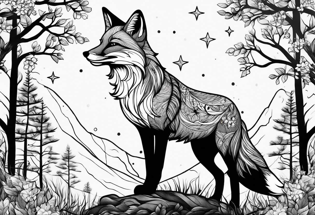 fox in a forest with stars tattoo idea