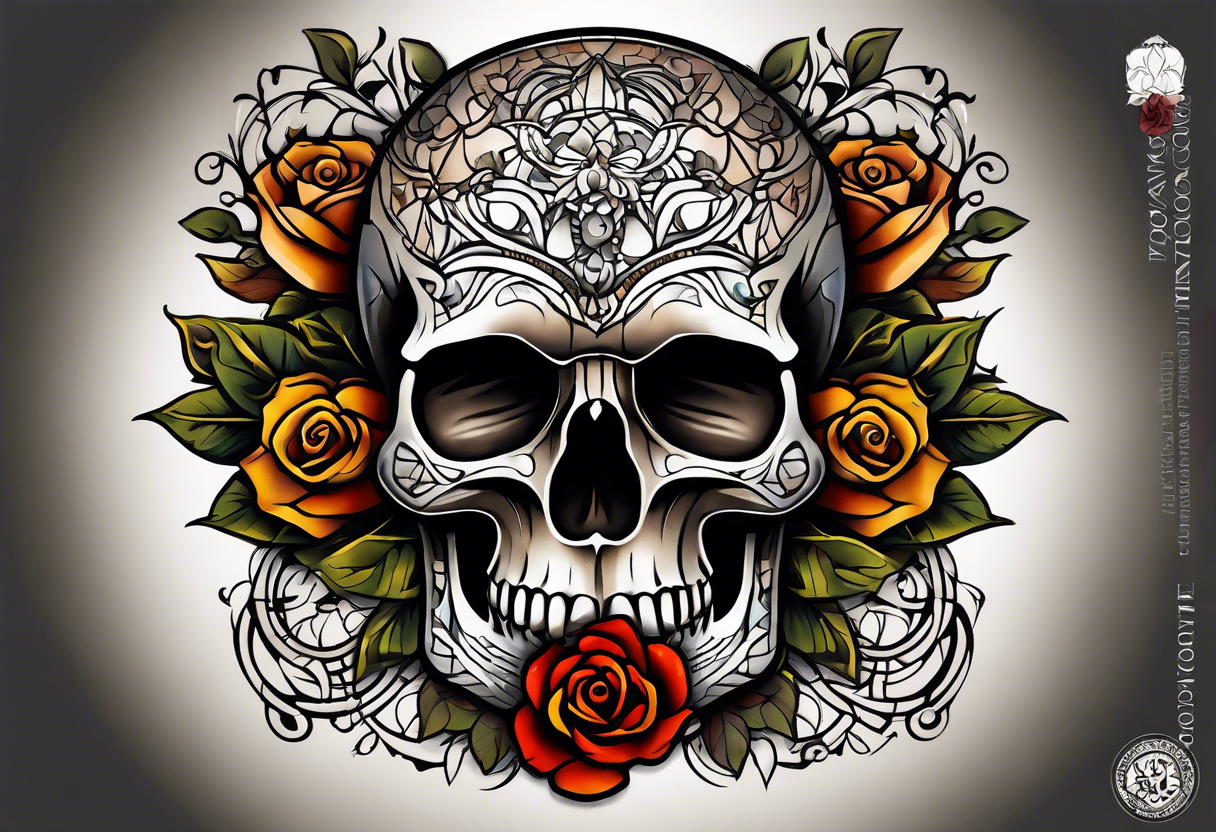 traditional Knee tattoo in fall colors showing a large skull with a rose in the style of Mark Mahoney tattoo idea